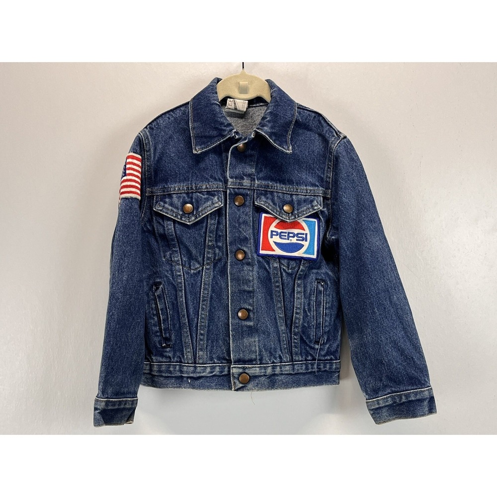 Vtg Youth Steel Brand  Denim Jean Jacket Sz 10 Pepsi Flag Patches Made USA 90s